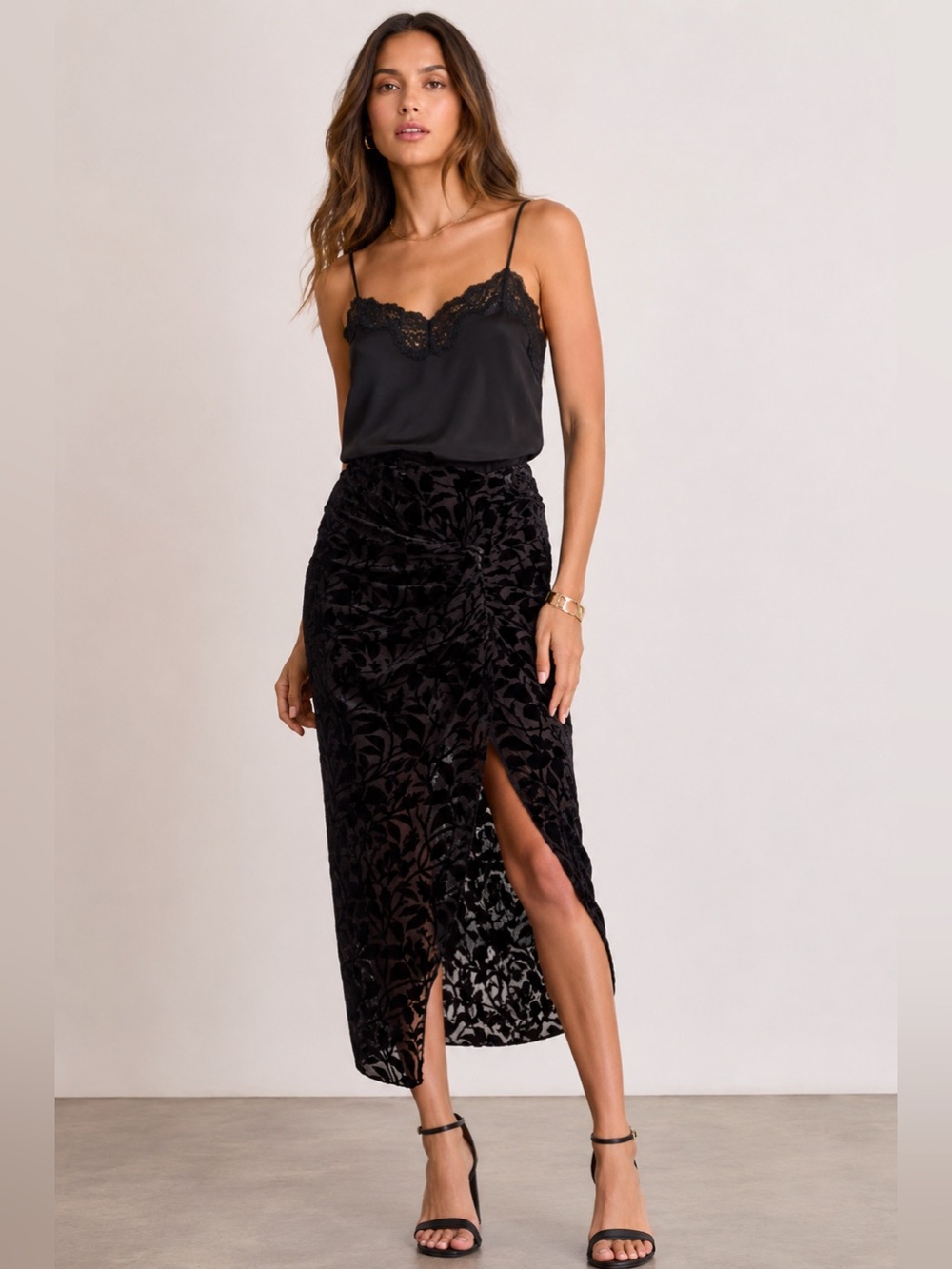 NWT The Kooples Prickly Leaves Burnout Velvet Midi Skirt Black Small